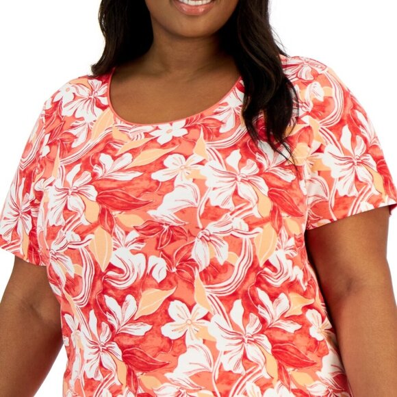 Karen Scott Plus Size 3X Pink & Orange Floral Scoop-Neck Short-Sleeve Top NWT - Picture 2 of 6